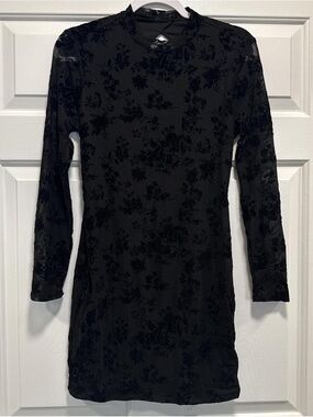 SHEIN Black Burnout Velvet Long-Sleeve Mini Dress